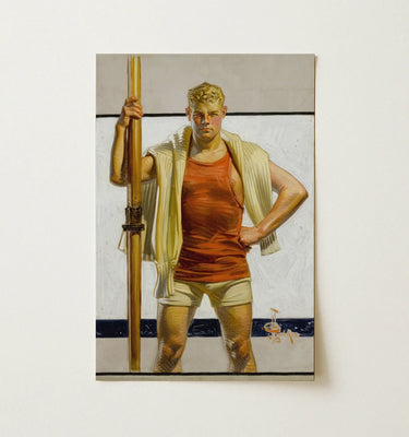 Vintage-style Oil Painting Muscular Man Orange Tank White Oarsman Distills Competitive, Rowing, Leyendecker Art Print, Unwavering Discipline