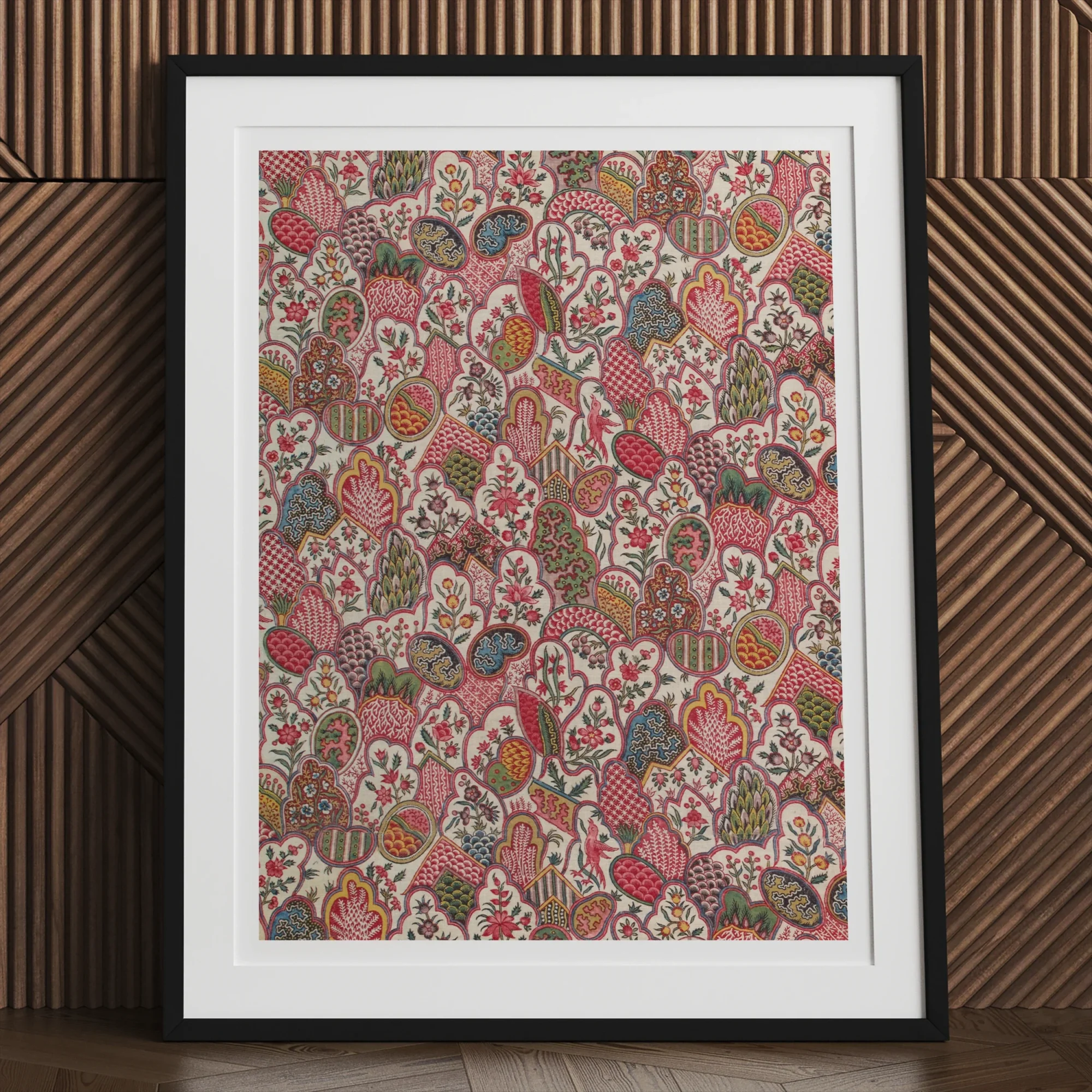 Oberkampf & Cie Floral Pattern Fabric Art Print, Framed Artwork Colorful Intricate Floral Paisley Pattern