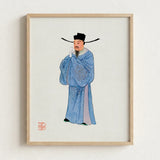 Framed Illustration Traditional Chinese Official Blue Embroidered Robes Qing Dynasty Manchu, Bureaucratic Splendor, Fashion Art