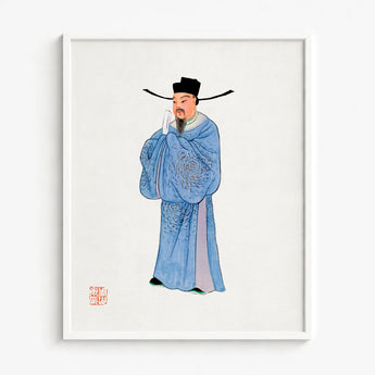 Framed Illustration Traditional Chinese Official Blue Embroidered Robes Qing Dynasty Manchu, Bureaucratic Splendor, Fashion Art