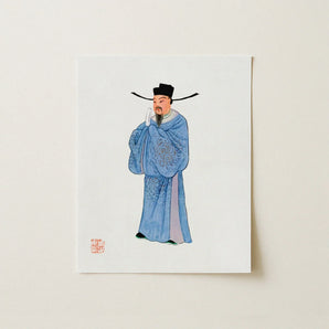 Official - Qing Dynasty Fashion Art Print / Canvas Blue Traditional Chinese Illustration White Paper Manchu, Bureaucratic Splendor, Prints