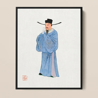 Official - Qing Dynasty Fashion Art Print / Canvas Framed Illustration Traditional Chinese Blue Embroidered Robes Manchu, Bureaucratic