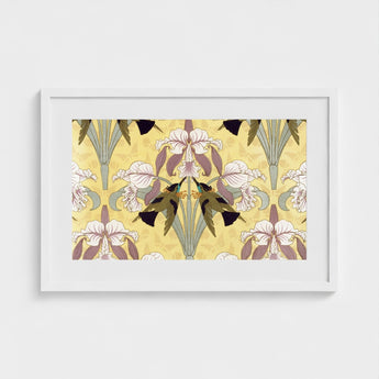 Oiseaux-mouches et Orchidées - Maurice Pillard Verneuil Print / Canvas Framed Art Symmetrical Pattern Stylized Irises Soft, Verneuil’s,