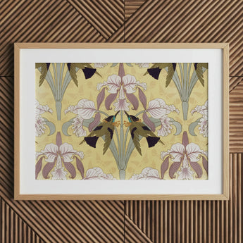 Oiseaux-mouches et Orchidées - Maurice Pillard Verneuil Print / Canvas Framed Art Symmetrical Design Stylized Irises Birds, Verneuil’s,