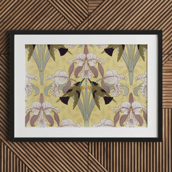 Oiseaux-mouches et Orchidées - Maurice Pillard Verneuil Print / Canvas Framed Art Symmetrical Design Stylized White Purple, Verneuil’s,