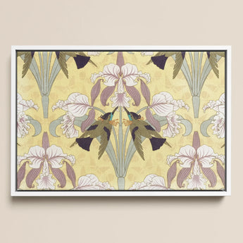 Oiseaux-mouches et Orchidées - Maurice Pillard Verneuil Print / Canvas Framed Artwork Symmetrical Design Stylized White Purple Irises,