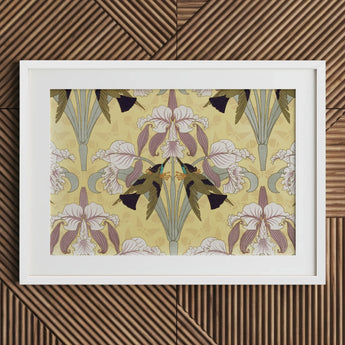 Oiseaux-mouches et Orchidées - Maurice Pillard Verneuil Print / Canvas White-framed Art Symmetrical Design Stylized Irises Hummingbirds,