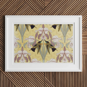 Oiseaux-mouches et Orchidées - Maurice Pillard Verneuil Print, Framed Floral Art Print Stylized Irises Pastel Colors