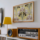 Oiseaux-mouches et Orchidées - Maurice Pillard Verneuil Print, Framed Floral Wallpaper Pattern Gray Yellow Tones Wooden