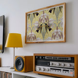 Oiseaux-mouches et Orchidées - Maurice Pillard Verneuil Print, Framed Floral Wallpaper Pattern Gray Yellow Tones Wooden
