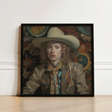 Framed Portrait Person Curly Hair Beige Cowboy Hat Spirit’s Queer, Vintage Dandy Transgender, Elegant Outlaw’s