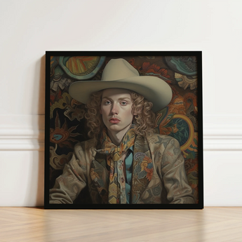Framed Portrait Person Curly Hair Beige Cowboy Hat Spirit’s Queer, Vintage Dandy Transgender, Elegant Outlaw’s