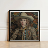 Framed Portrait Person Curly Hair Wide-brimmed Beige Hat Cowboy Spirit’s Queer, Vintage Dandy Transgender, Elegant Outlaw’s