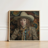 Framed Portrait Person Curly Hair Beige Cowboy Hat Spirit’s Queer, Vintage Dandy Transgender, Elegant Outlaw’s