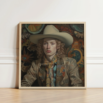 Framed Portrait Person Curly Hair Beige Cowboy Hat Spirit’s Queer, Vintage Dandy Transgender, Elegant Outlaw’s
