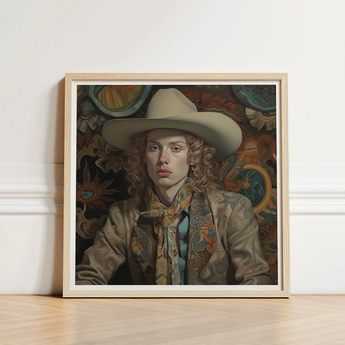Framed Portrait Person Curly Hair Wide-brimmed Beige Hat Cowboy Spirit’s Queer, Vintage Dandy Transgender, Elegant Outlaw’s