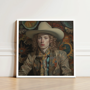 Framed Portrait Person Curly Hair Beige Cowboy Hat Spirit’s Queer, Vintage Dandy Transgender, Elegant Outlaw’s