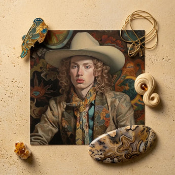 Detailed Portrait Person Curly Hair Wide-brimmed Beige Hat Cowboy Spirit’s Queer, Vintage Dandy Transgender, Elegant Outlaw’s