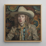 Ollie - Dandy Transgender Cowboy Art Print / Canvas Framed Portrait Person Curly Hair Cream-colored Hat Spirit’s Queer, Vintage, Elegant
