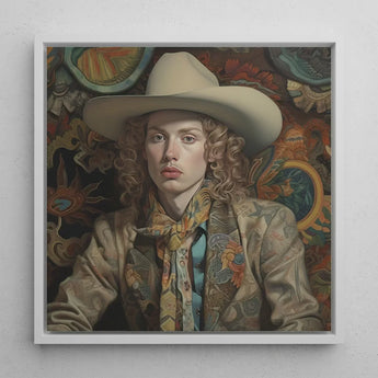 Ollie - Dandy Transgender Cowboy Art Print / Canvas Framed Portrait Person Curly Hair Wide-brimmed Beige Hat Spirit’s Queer, Vintage,