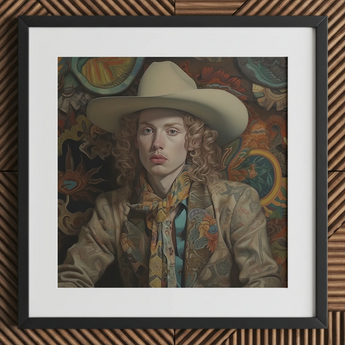 Ollie - Dandy Transgender Cowboy Art Print / Canvas Cowboy Hat Wide Brim Floral Pattern Cream-colored Leather Spirit’s Queer, Vintage Dandy