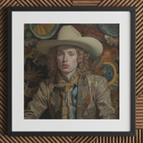 Ollie - Dandy Transgender Cowboy Art Print / Canvas Hat Wide Brim Floral Pattern Cream-colored Leather Spirit’s Queer, Vintage, Elegant