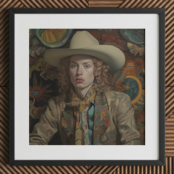 Ollie - Dandy Transgender Cowboy Art Print / Canvas Hat Wide Brim Floral Pattern Cream-colored Leather Spirit’s Queer, Vintage, Elegant