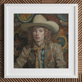 Ollie - Dandy Transgender Cowboy Art Print / Canvas Hat Wide Brim Floral Pattern Cream-colored Leather Spirit’s Queer, Vintage, Elegant