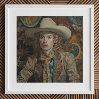 Ollie - Dandy Transgender Cowboy Art Print / Canvas Hat Wide Brim Floral Pattern Cream-colored Leather Spirit’s Queer, Vintage, Elegant