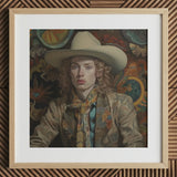 Ollie - Dandy Transgender Cowboy Art Print / Canvas Cowboy Hat Wide Brim Patterned Scarf Beige Leather Spirit’s Queer, Vintage Dandy