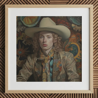 Ollie - Dandy Transgender Cowboy Art Print / Canvas Cowboy Hat Wide Brim Patterned Scarf Beige Leather Spirit’s Queer, Vintage Dandy