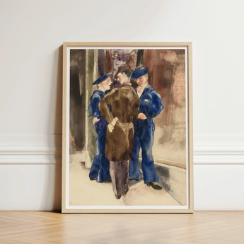 Watercolor Painting Light Wood Frame Three Men Blue Charles Demuth, Sets, Gathered, Rust-brown Wall Carries, Faint, Gold, Lettering, Art