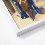 White Framed Watercolor Artwork Figures Blue Brown Attire Charles Demuth, Sets, Three Men Gathered, Rust-brown Wall Carries, Faint, Gold,
