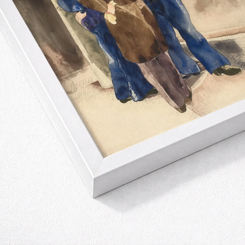 White Framed Watercolor Artwork Figures Blue Brown Attire Charles Demuth, Sets, Three Men Gathered, Rust-brown Wall Carries, Faint, Gold,
