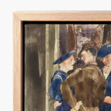 Framed Watercolor Painting Three Men Period Attire Housed Charles Demuth, Sets, Gathered, Rust-brown Wall Carries, Faint, Gold, Lettering,