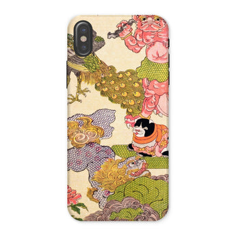 Oni Peacock Cat and Shishi - Utagawa Kunisada Phone Case Iphone x / Matte Phone Case Traditional Japanese Art Peacocks Floral Patterns