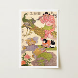 Oni Peacock Shishi Cat and Insect - Utagawa Kunisada Art Print / Canvas Vibrant Vertically Oriented Japanese Woodblock Pink Muscular,