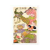 Oni Peacock Shishi Cat and Insect - Utagawa Kunisada Art Print, 20x30’’ / 51x76cm / Unframed, Colorful Japanese Mythological Scene