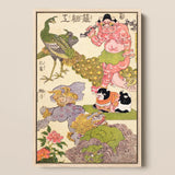 Oni Peacock Shishi Cat and Insect - Utagawa Kunisada Art Print / Canvas, 12x18’’ / 31x46cm / Natural Frame, Posters Prints & Visual