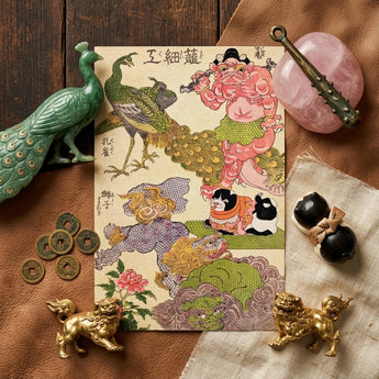 Oni Peacock Shishi Cat and Insect - Utagawa Kunisada Art Print / Canvas Central Object Rectangular Cream-colored Illustrated Postcard