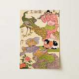 Oni Peacock Shishi Cat and Insect - Utagawa Kunisada Art Print / Canvas Vibrant Traditional Japanese Woodblock Pink Ogre Green, Absurd