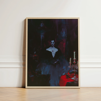 Framed Art Print Gothic Figure Dark Attire Seated Gay Vampire, Opulence, Queer Decadence