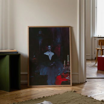 Orpheus - Gay Vampire Art Print / Canvas Framed Artwork Woman Dark Attire Red Accents Set Gay Vampire Art, Gothic Opulence, Queer Decadence