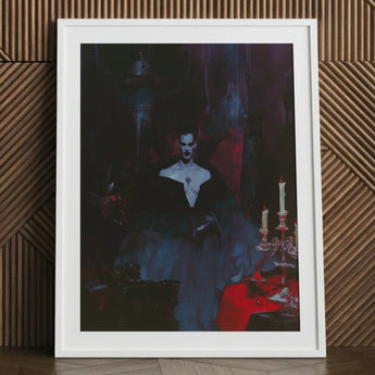 Orpheus - Gay Vampire Art Print / Canvas White-framed Artwork Gothic Figure Elegant Black Gown Red, Opulence, Queer Decadence Prints