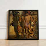 Black-framed Painting Group Muscular Traditionally Adorned Figures Earthy Ancient Gods, Saturnino Herrán Pressed, Picture’s Lower