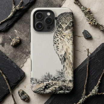 Owl and Fir Tree - Numata Kashu Kachō-e Phone Case Detailed Black White Illustrated Owl Design Adorns Sleek Numata Kashu, Nocturnal