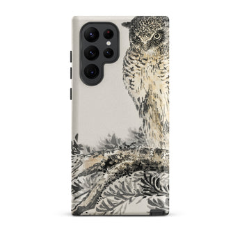 Owl and Fir Tree - Numata Kashu Kachō-e Phone Case Samsung Galaxy S22 Ultra / Matte Sleek Light Gray Phone Case Detailed Black-and-white
