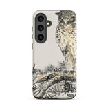 Owl and Fir Tree - Numata Kashu Kachō-e Phone Case Samsung Galaxy S24 Plus / Matte Black White Illustrated Owl Perched Branch Printed Sleek