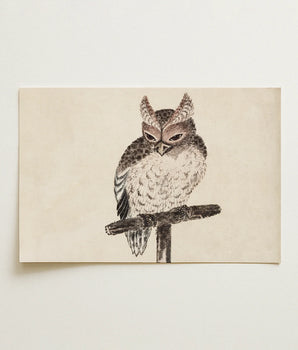 Detailed Black-and-white Ink Illustration Owl Perched Branch Rendered Katsushika Hokusai, Round Face Turned, Downward, Art, Print