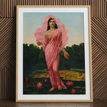 Padmini the Lotus Lady - Raja Ravi Varma Art Print / Canvas Framed Artwork Woman Pink Fabric Among Flowers, Sanskrit Erotology Classified,